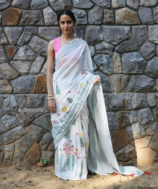 White summer garden block printed mulmul saree