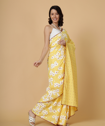 Yellow summer child block printed mulmul saree