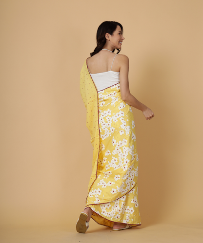 Yellow summer child block printed mulmul saree