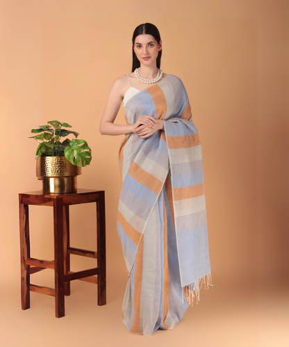 Multicolored striped handwoven linen saree