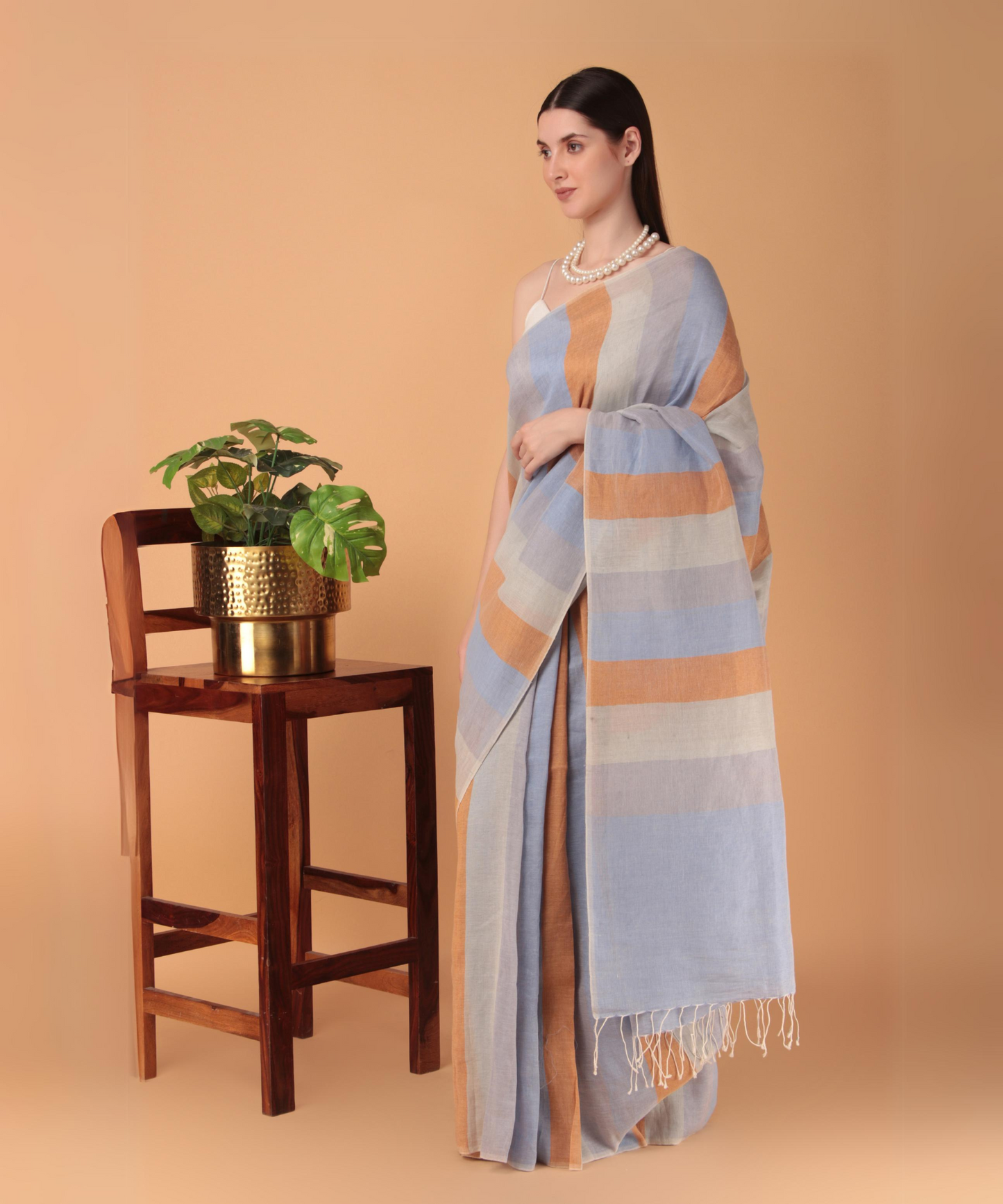 Multicolored striped handwoven linen saree