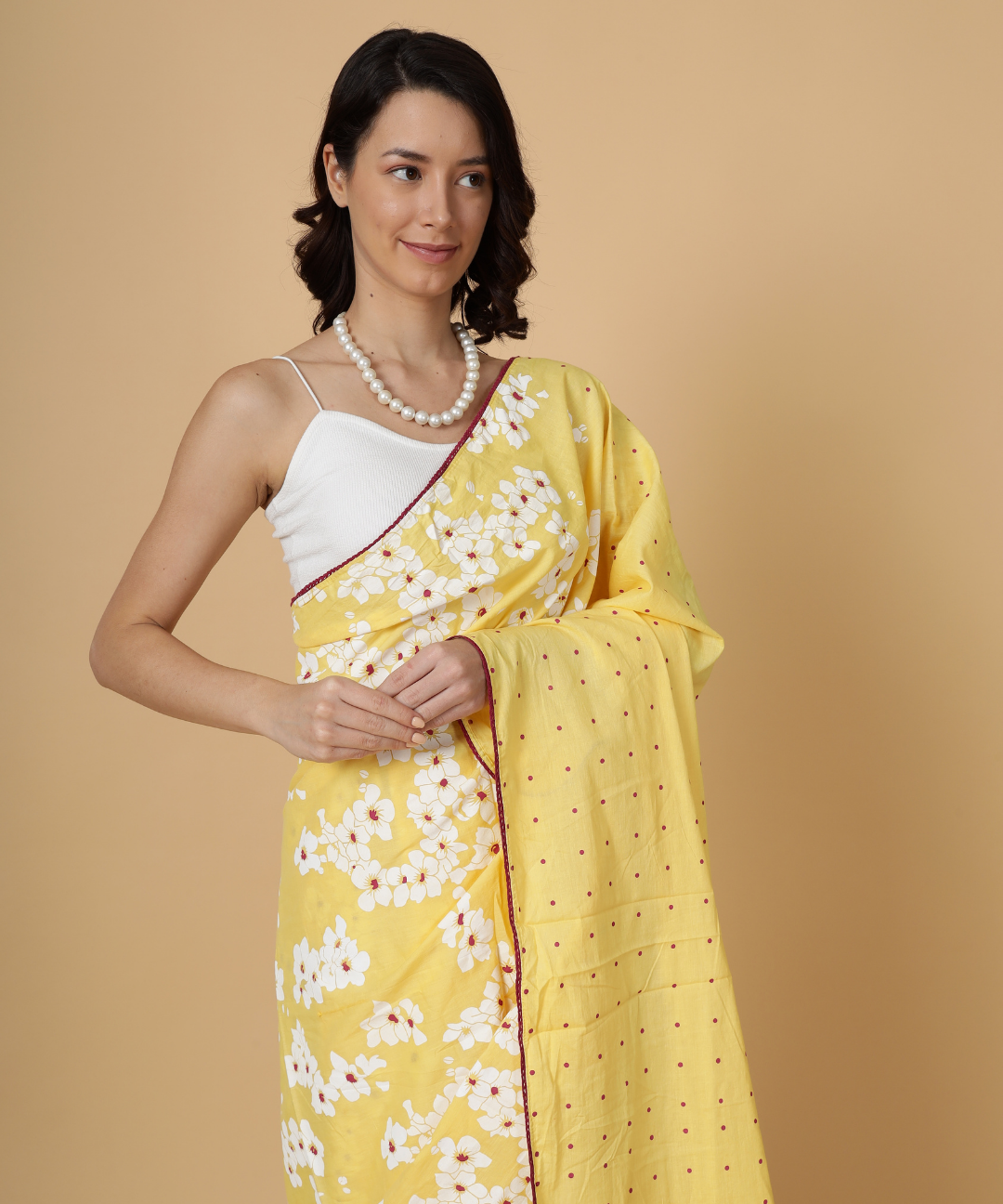 Yellow summer child block printed mulmul saree