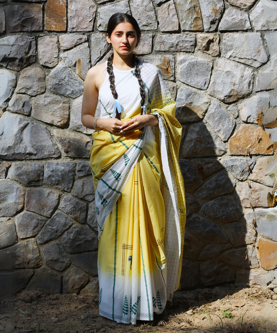 Yellow summer vibes block printed mulmul saree