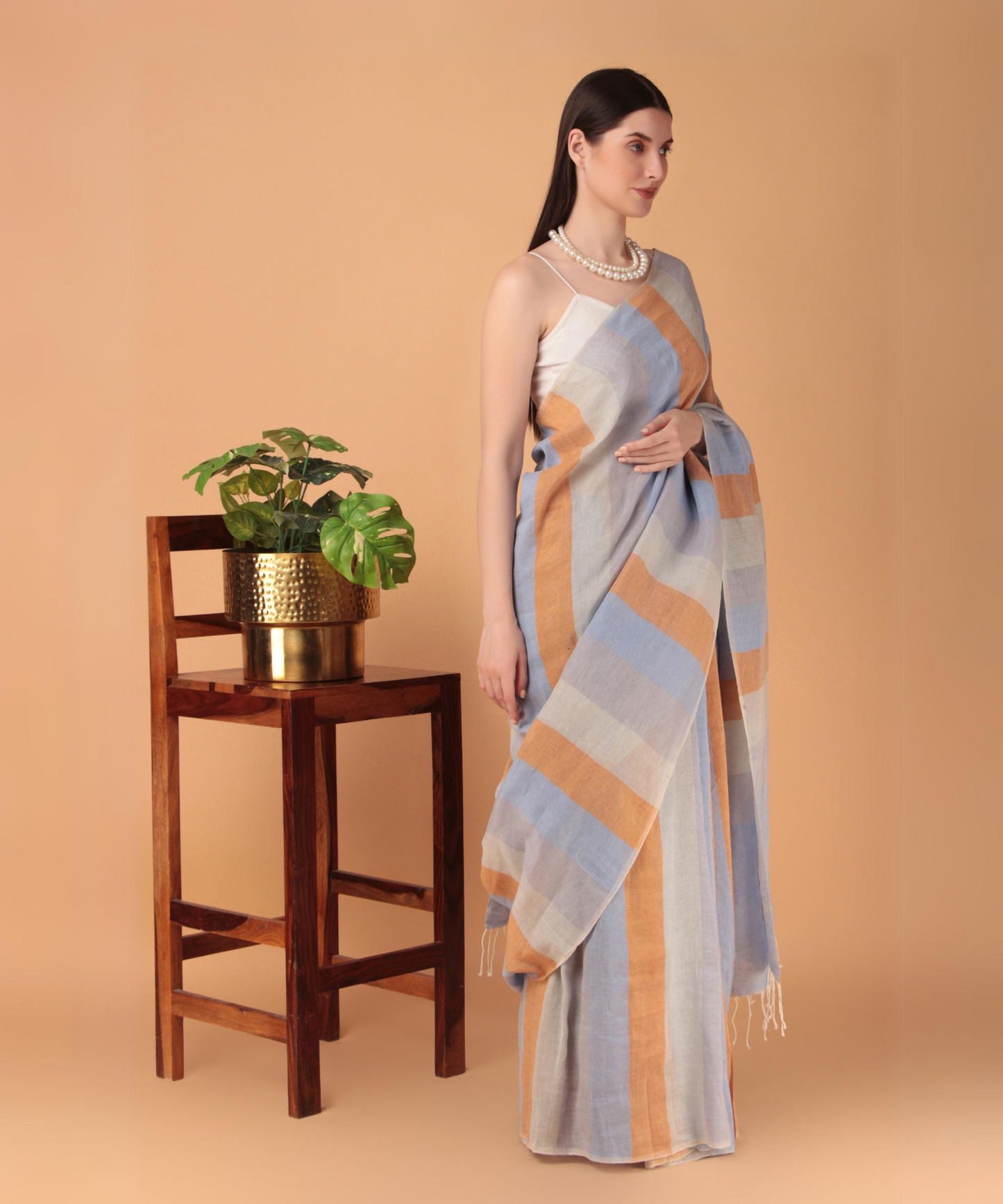 Multicolored striped handwoven linen saree