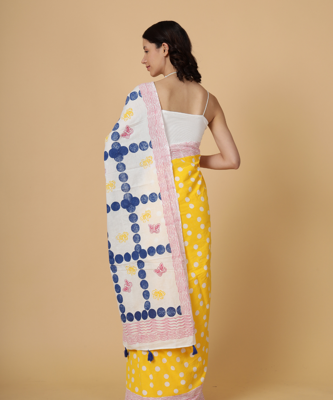 White yellow summer dream block printed mulmul saree