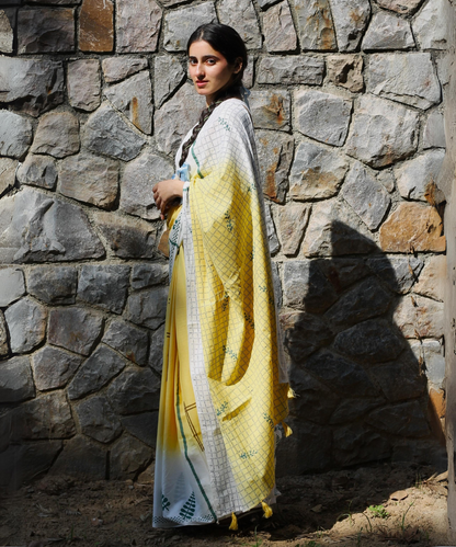 Yellow summer vibes block printed mulmul saree