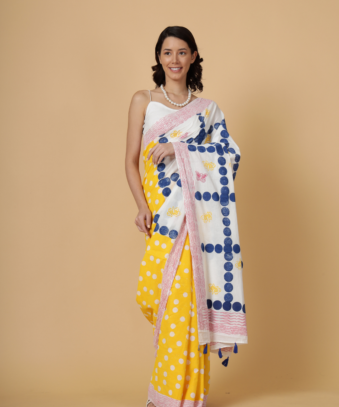 White yellow summer dream block printed mulmul saree