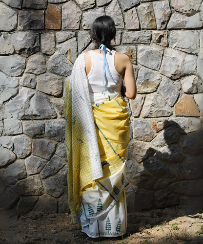 Yellow summer vibes block printed mulmul saree