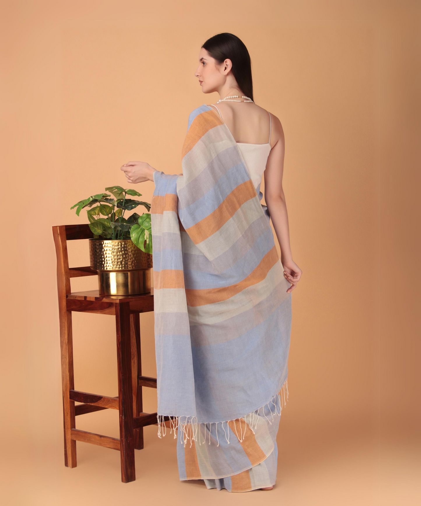 Multicolored striped handwoven linen saree