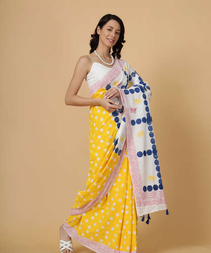 White yellow summer dream block printed mulmul saree