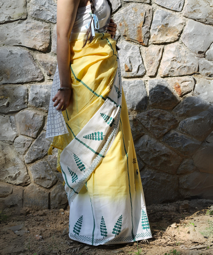 Yellow summer vibes block printed mulmul saree