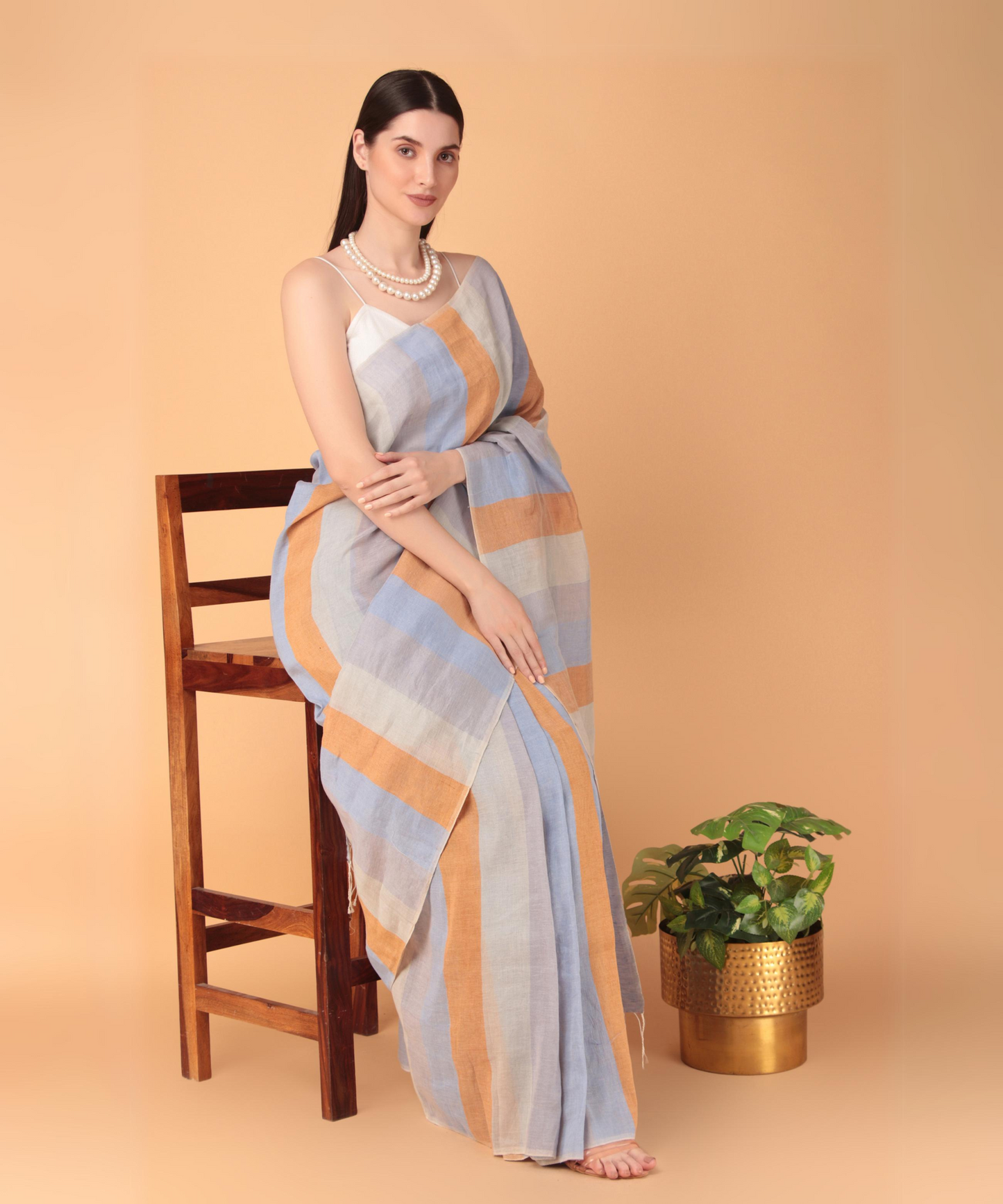 Multicolored striped handwoven linen saree