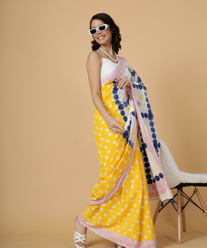 White yellow summer dream block printed mulmul saree