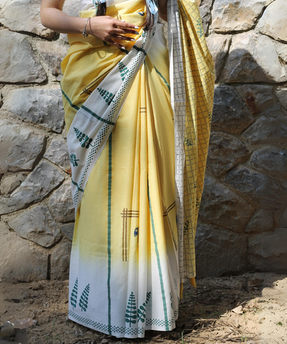 Yellow summer vibes block printed mulmul saree