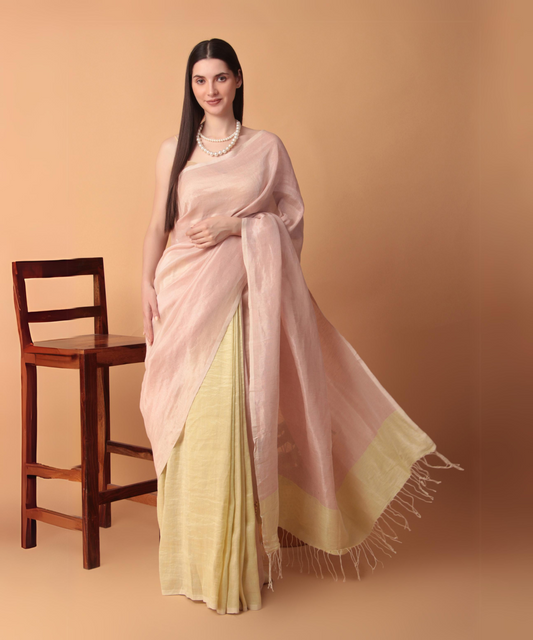 Handwoven linen zari saree