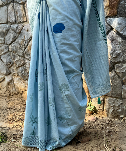 Blue summer sky block printed mulmul saree