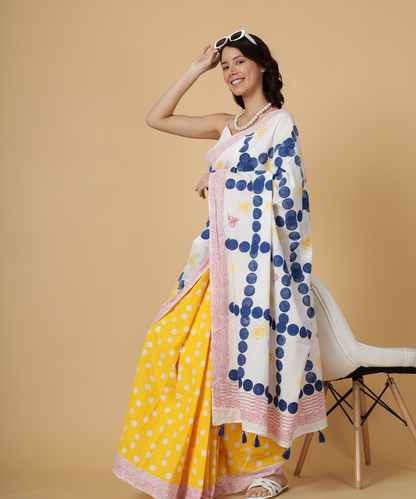 White yellow summer dream block printed mulmul saree