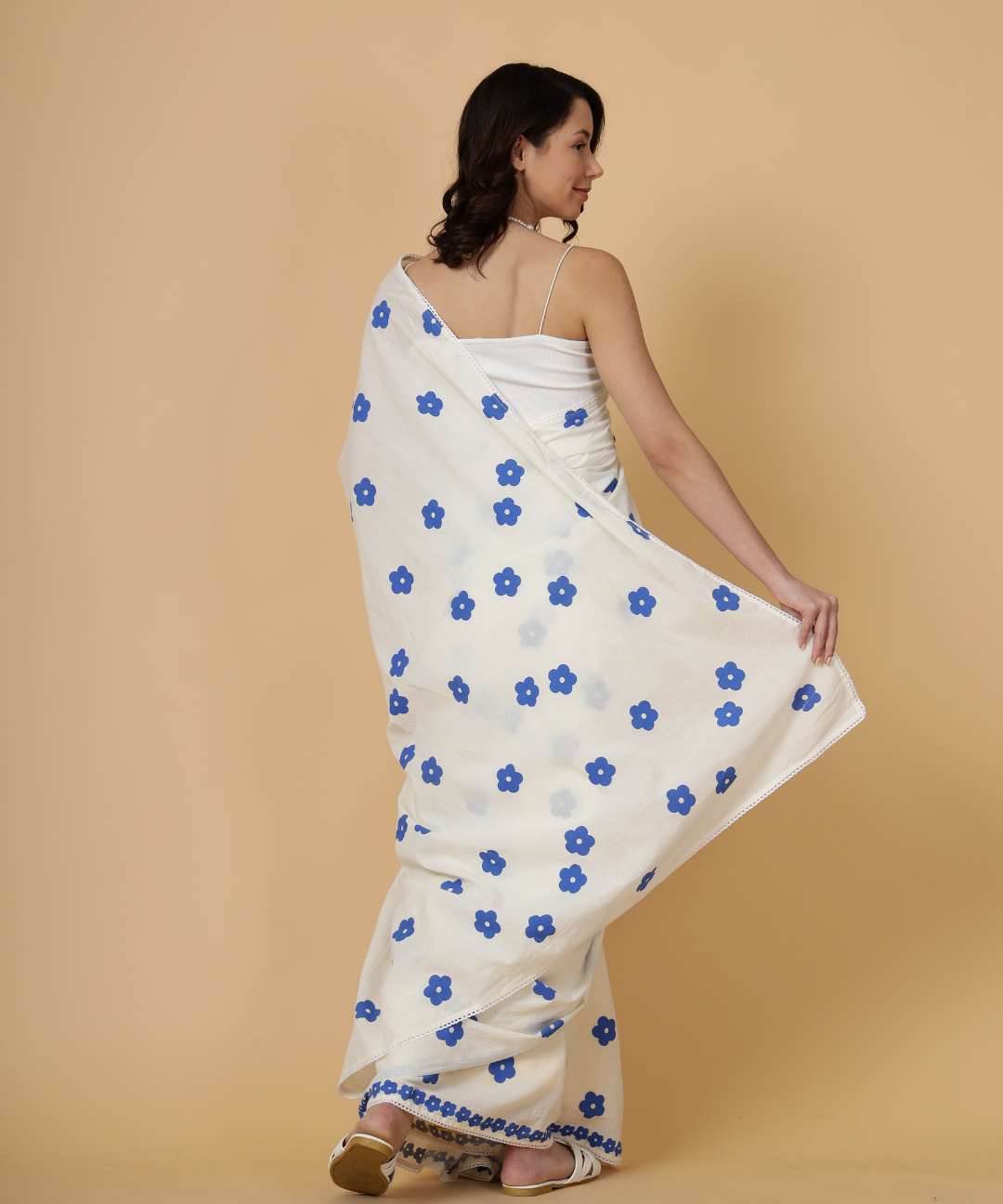 White summer bloom block printed mulmul saree