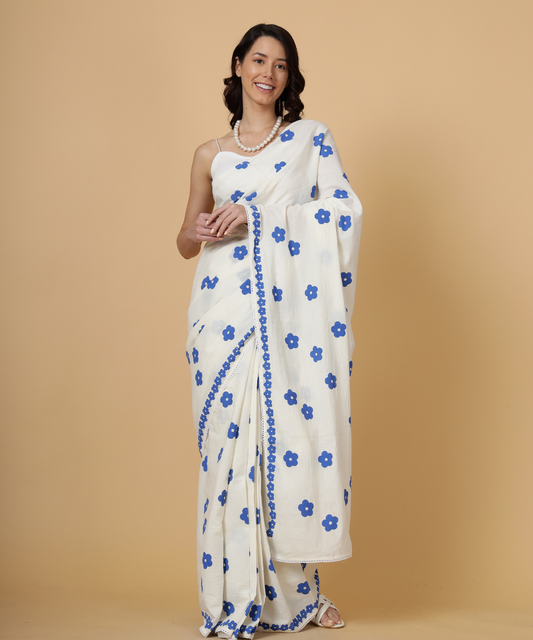 White summer bloom block printed mulmul saree