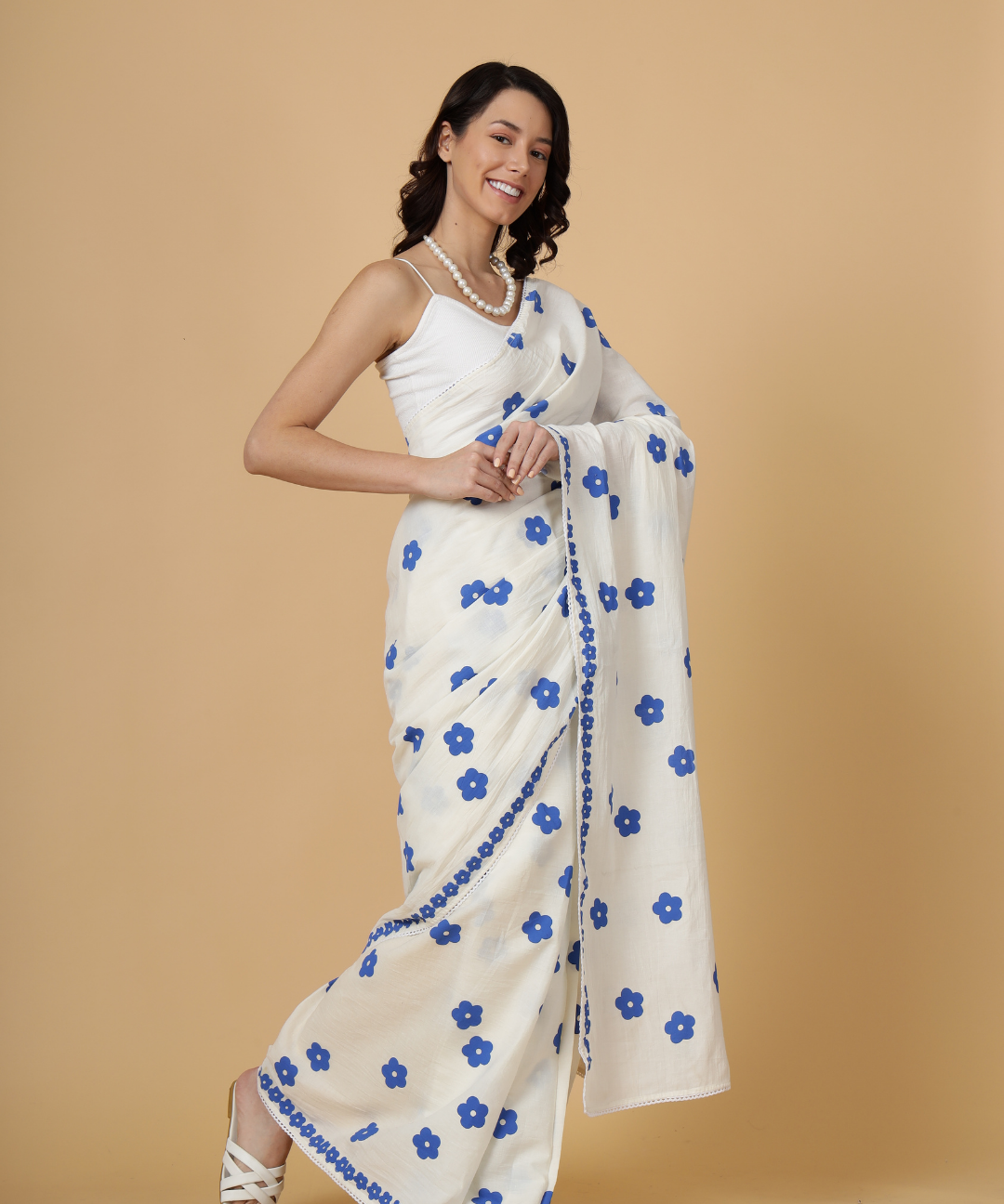 White summer bloom block printed mulmul saree