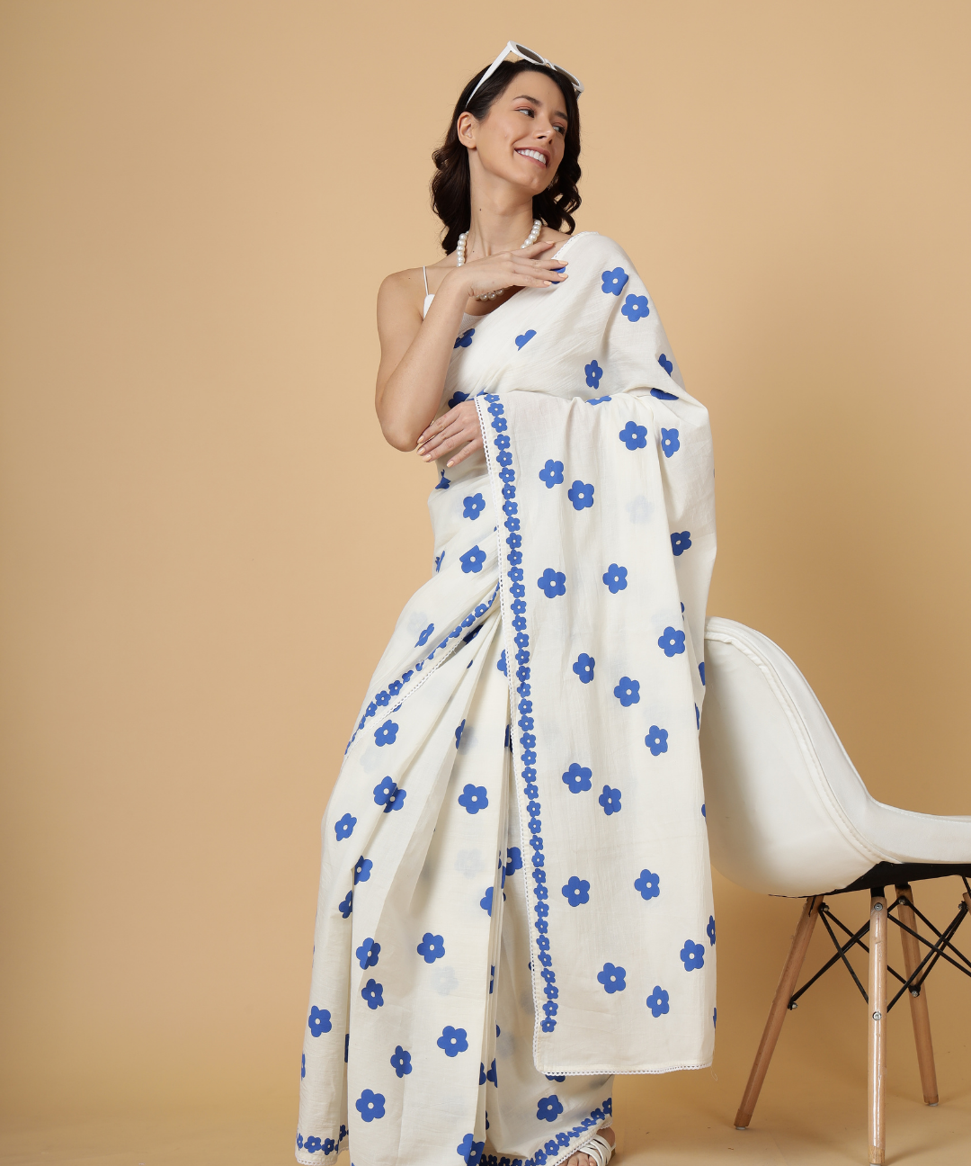 White summer bloom block printed mulmul saree