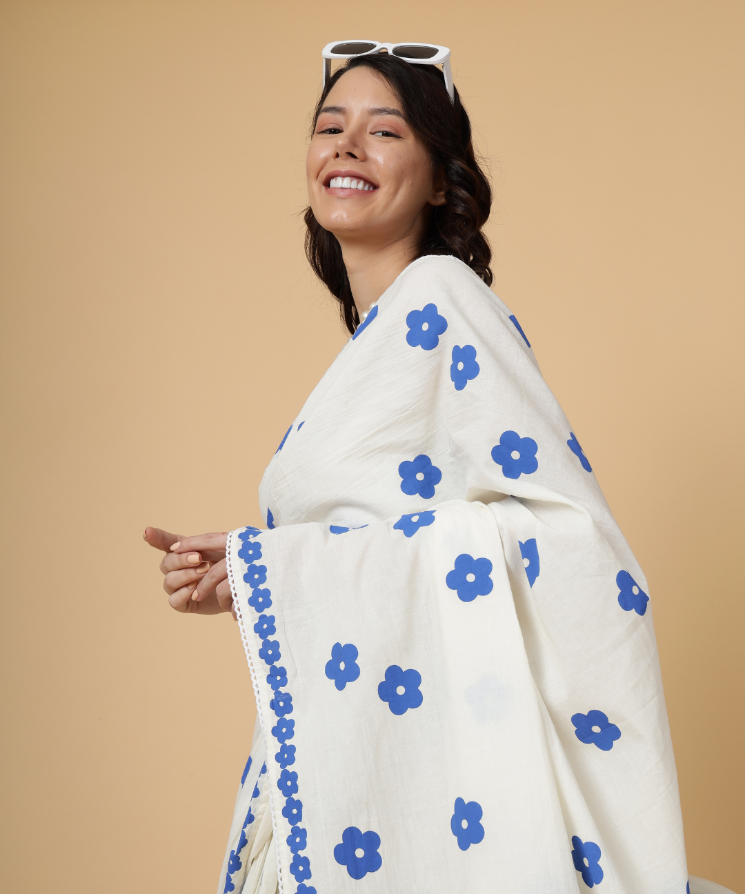 White summer bloom block printed mulmul saree