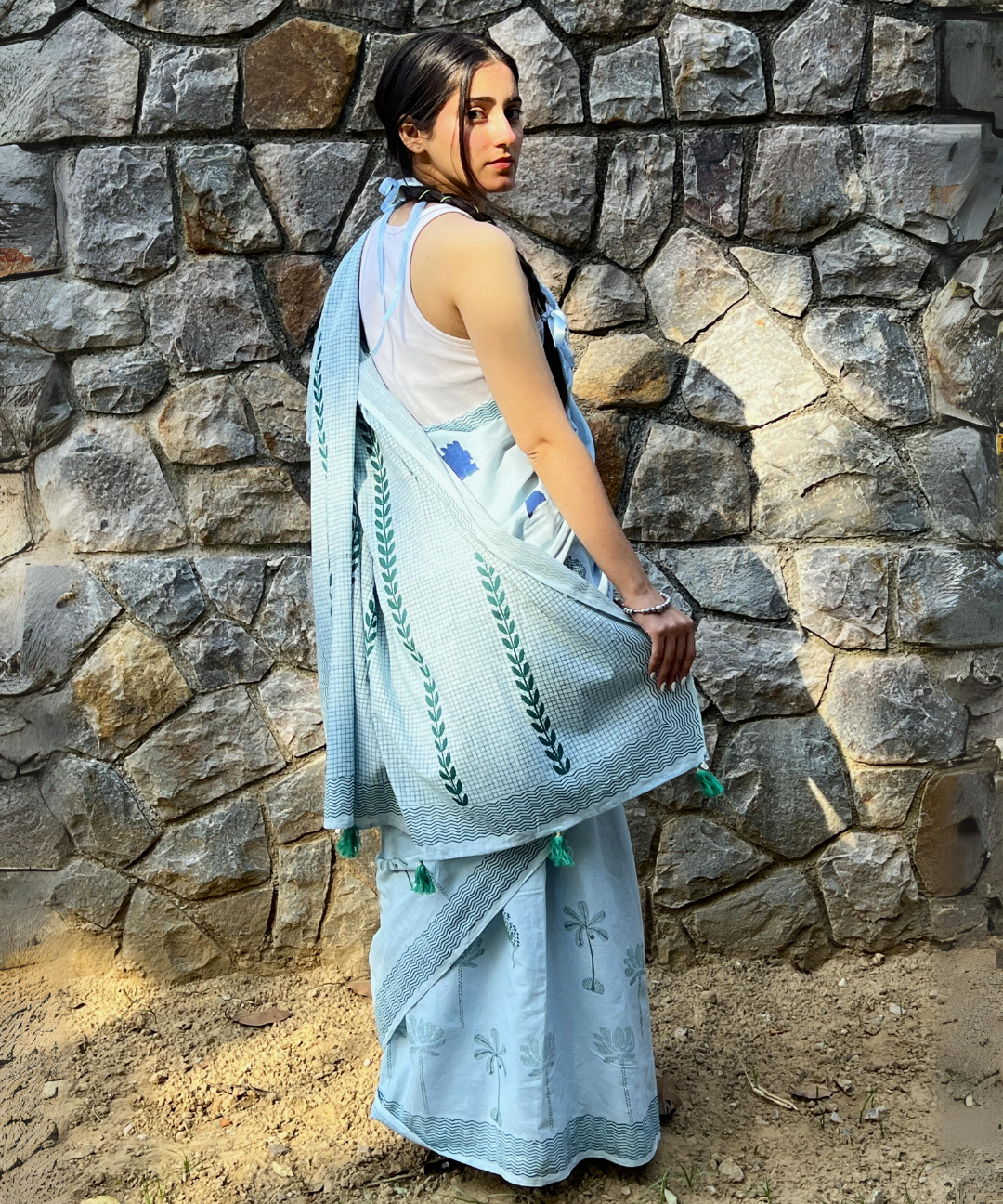 Blue summer sky block printed mulmul saree