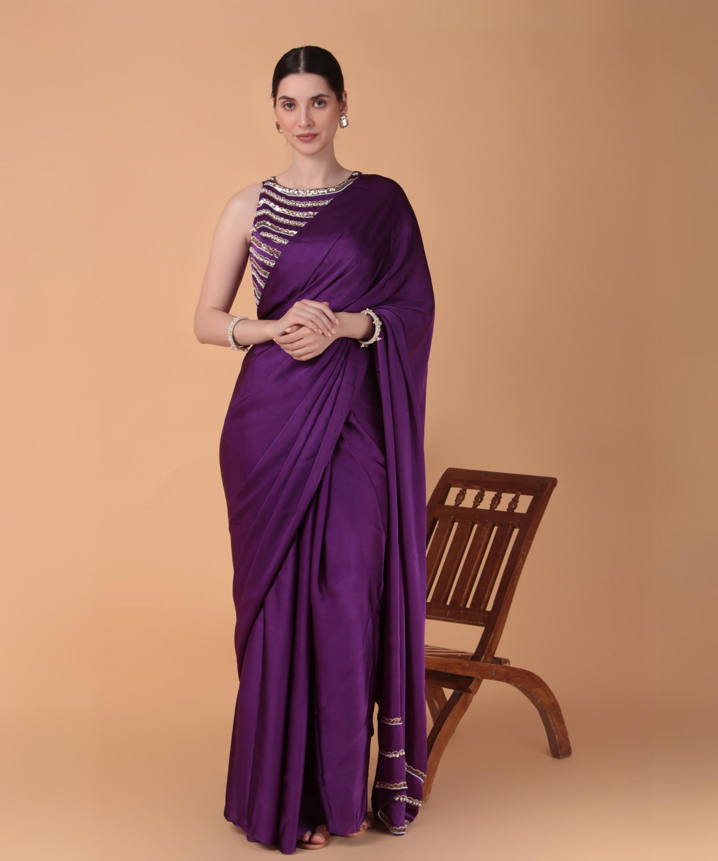 Purple Satin Hand Embroidered Cutwork Saree with Heavy Blouse