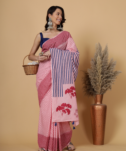 Pink summer soul block printed mulmul saree