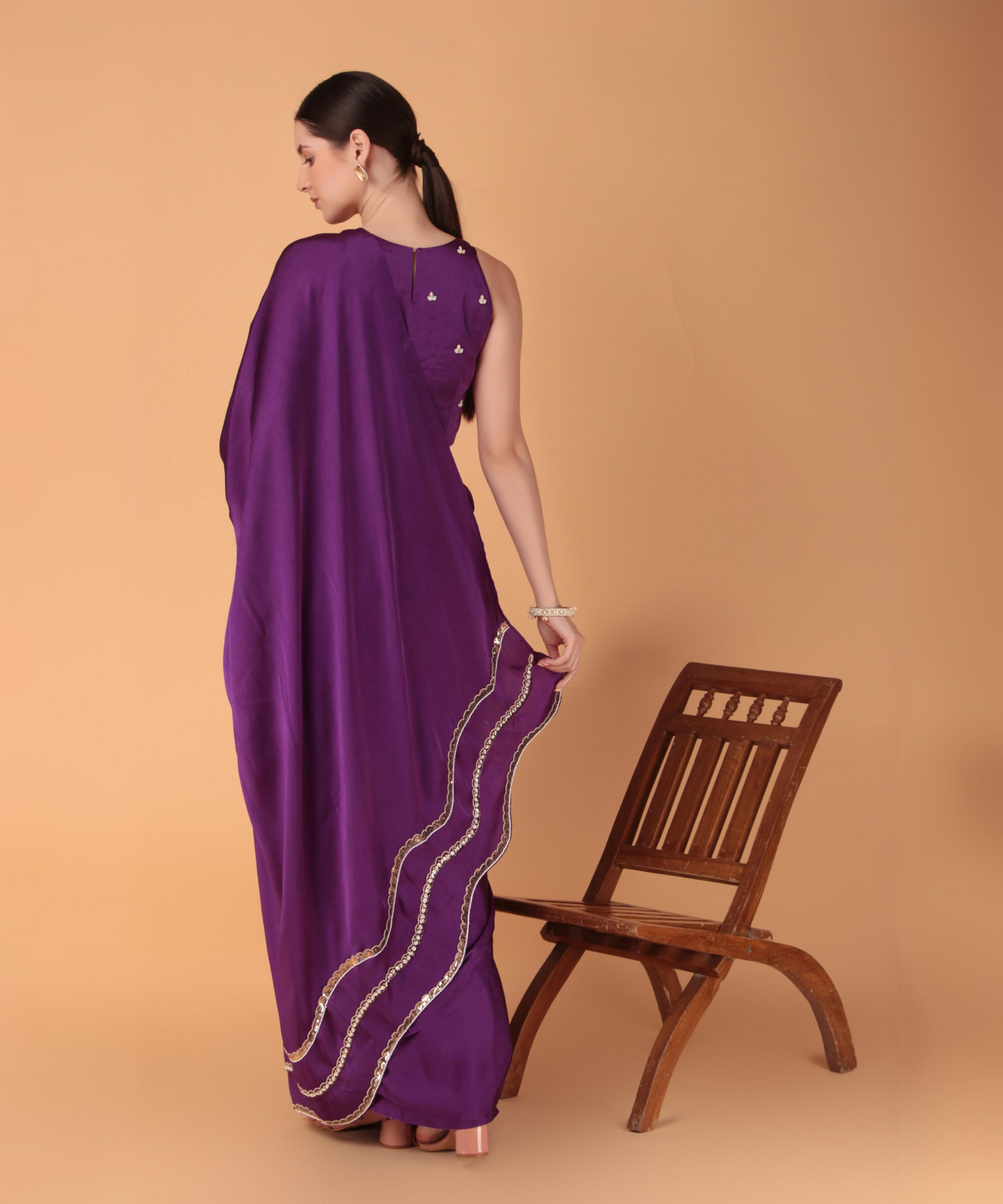 Purple Satin Hand Embroidered Cutwork Saree with Heavy Blouse