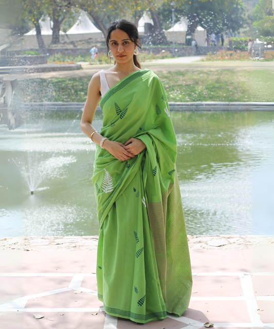 Green summer breeze block printed mulmul saree