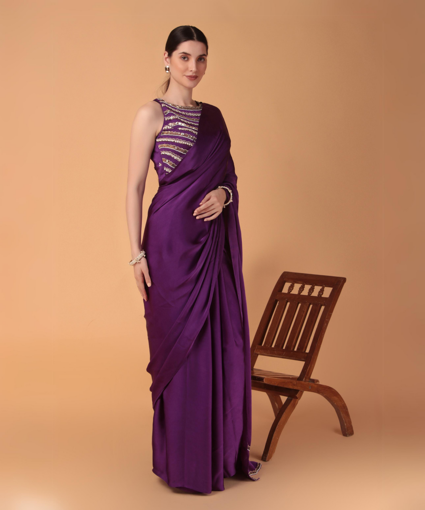 Purple Satin Hand Embroidered Cutwork Saree with Heavy Blouse