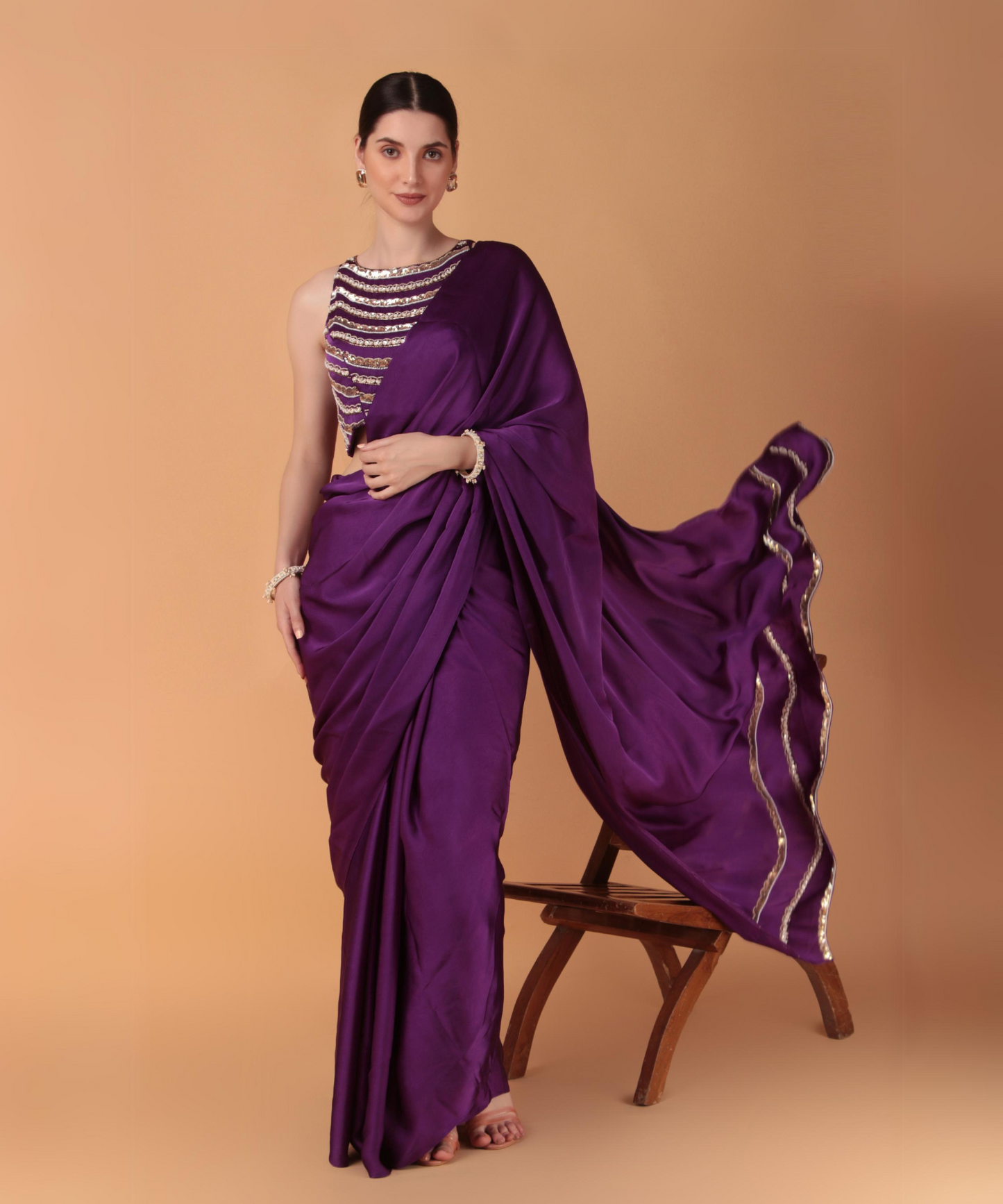 Purple Satin Hand Embroidered Cutwork Saree with Heavy Blouse