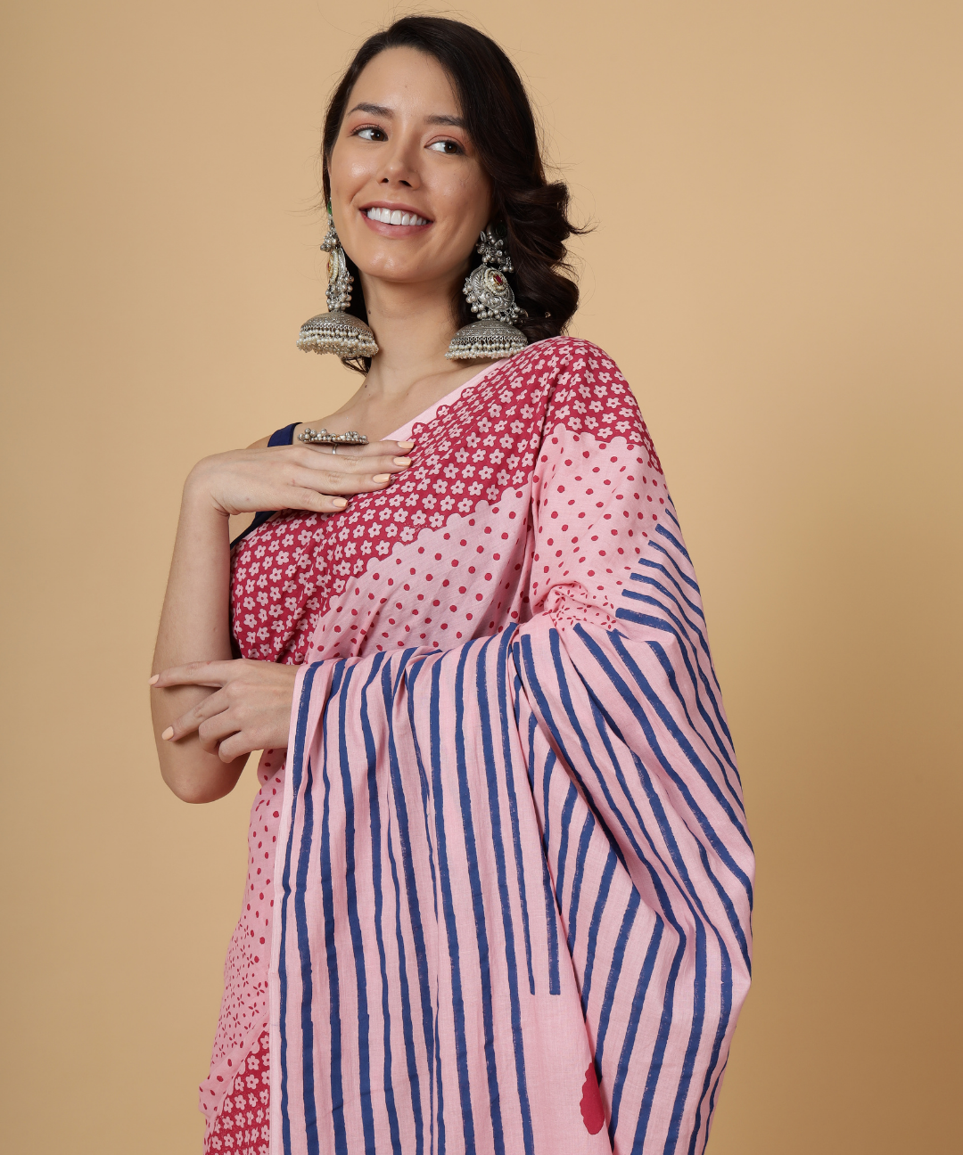 Pink summer soul block printed mulmul saree