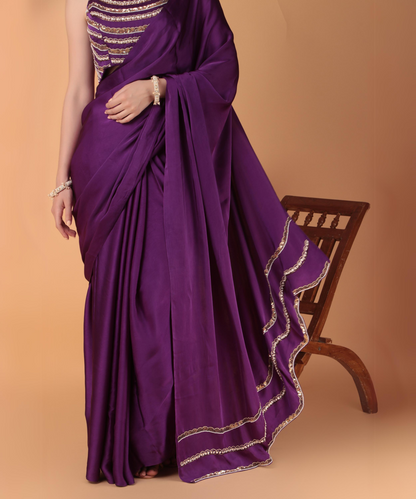 Purple Satin Hand Embroidered Cutwork Saree with Heavy Blouse