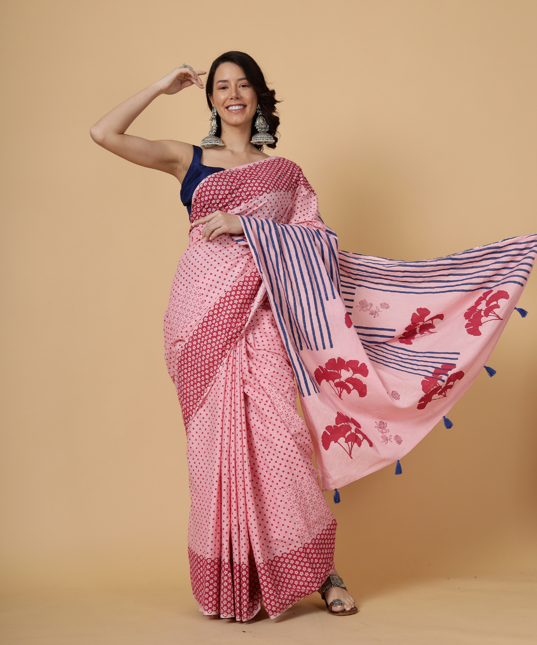 Pink summer soul block printed mulmul saree