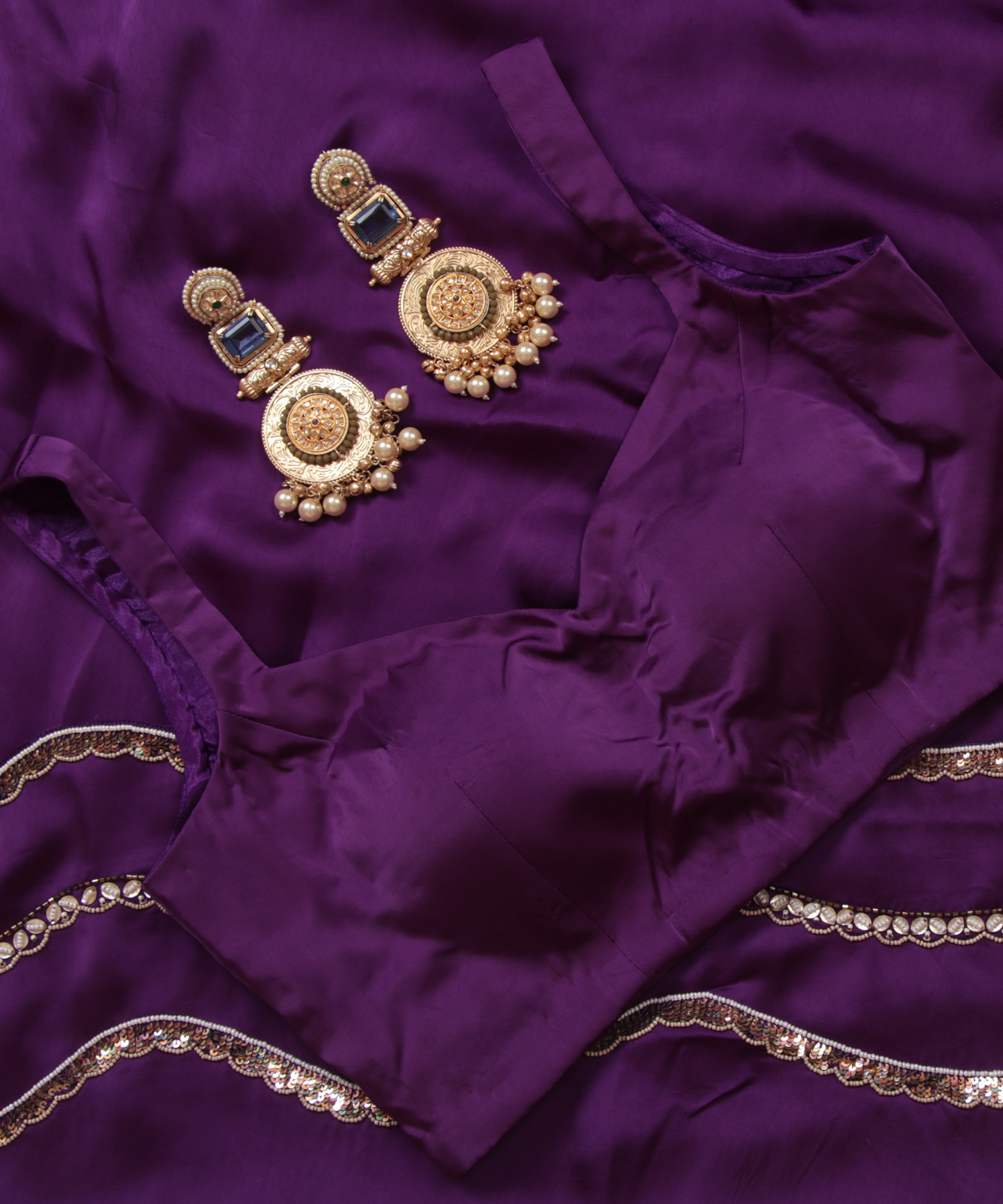 Purple Satin Hand Embroidered Cutwork Saree with Plain Blouse