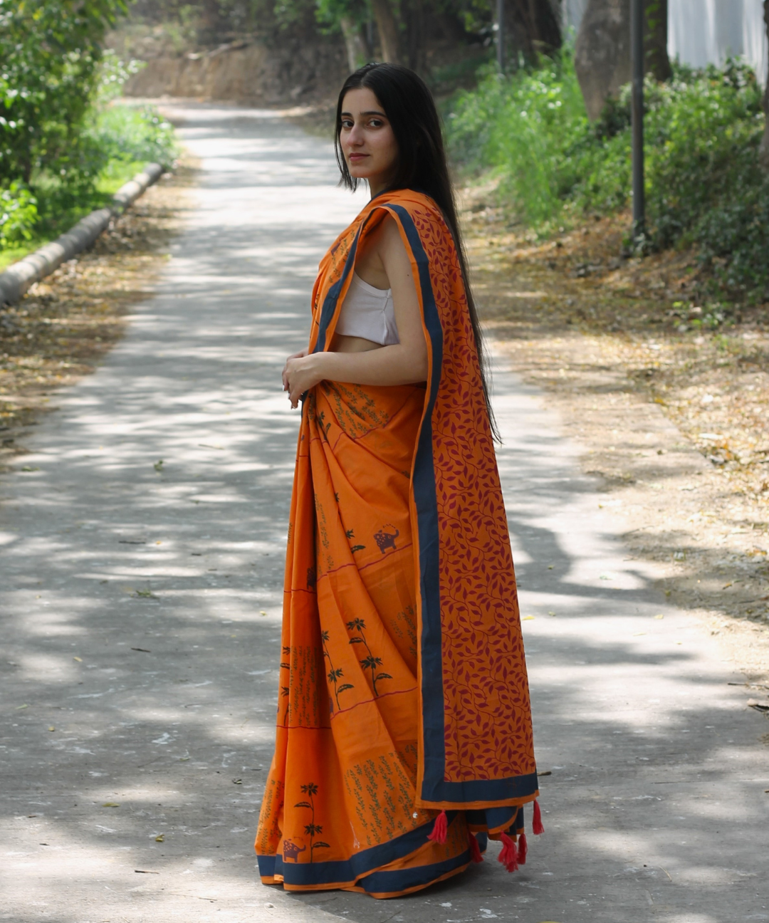 Orange summer candy block printed mulmul saree