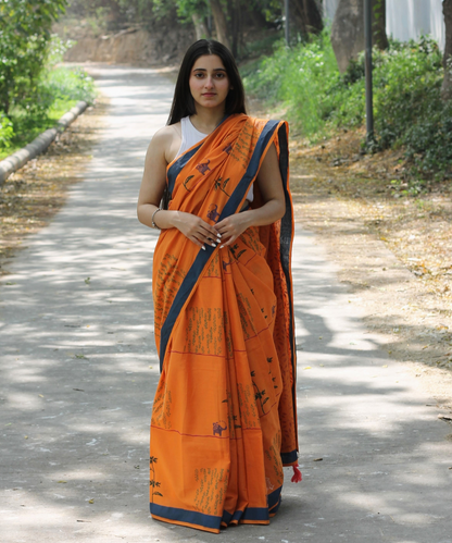 Orange summer candy block printed mulmul saree