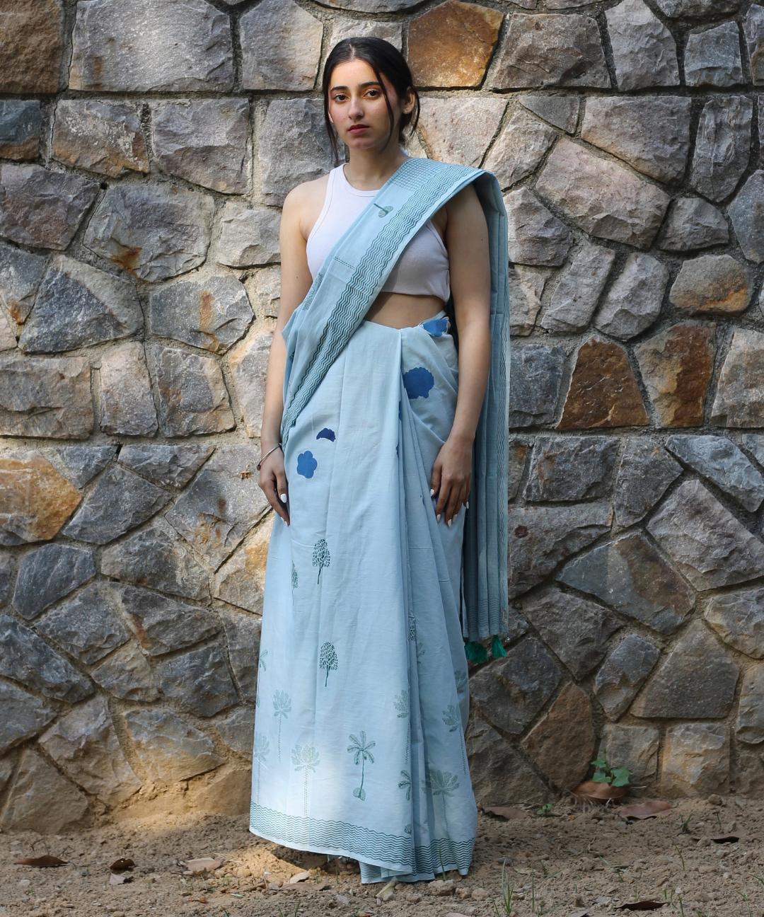 Blue summer sky block printed mulmul saree