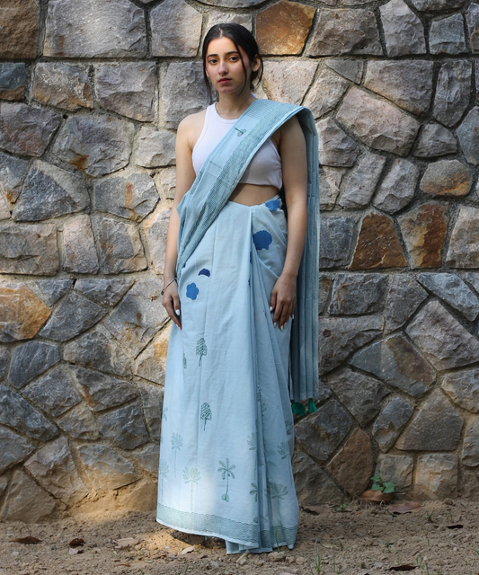 Blue summer sky block printed mulmul saree