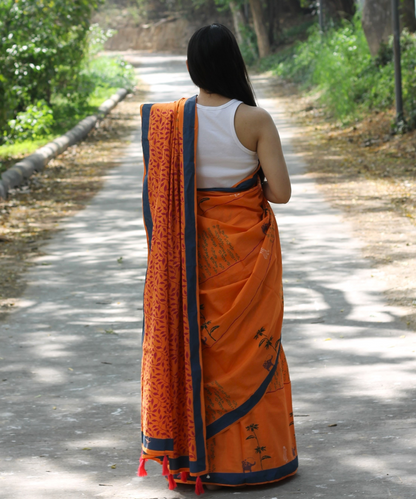 Orange summer candy block printed mulmul saree