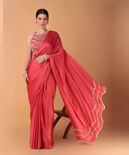 Pink Satin Hand Embroidered Cutwork Saree with Heavy Blouse