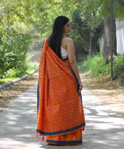 Orange summer candy block printed mulmul saree