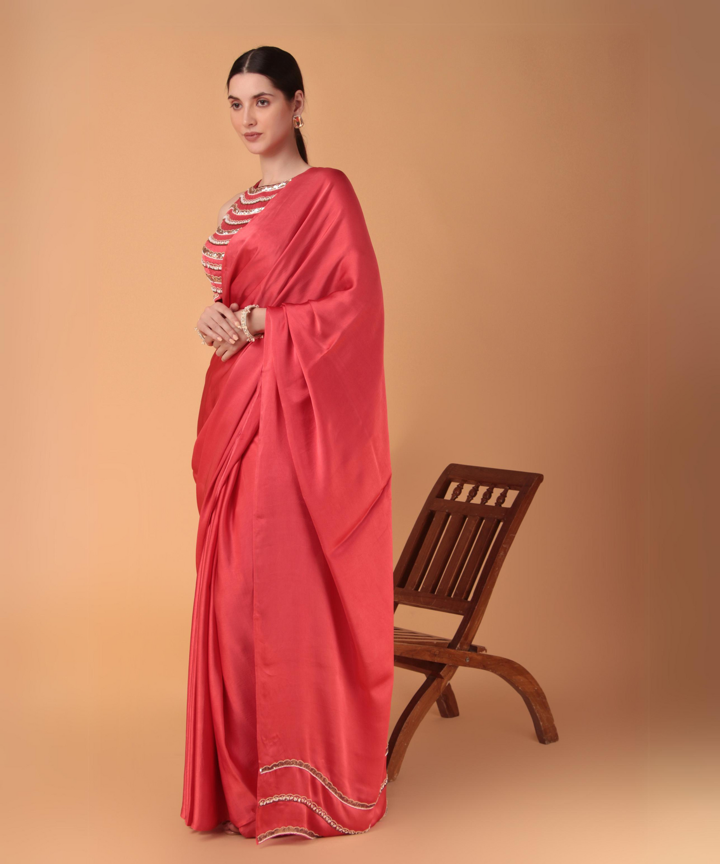 Pink Satin Hand Embroidered Cutwork Saree with Heavy Blouse