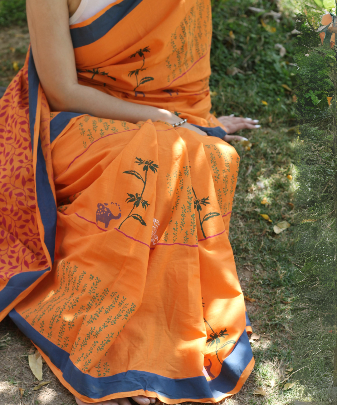 Orange summer candy block printed mulmul saree