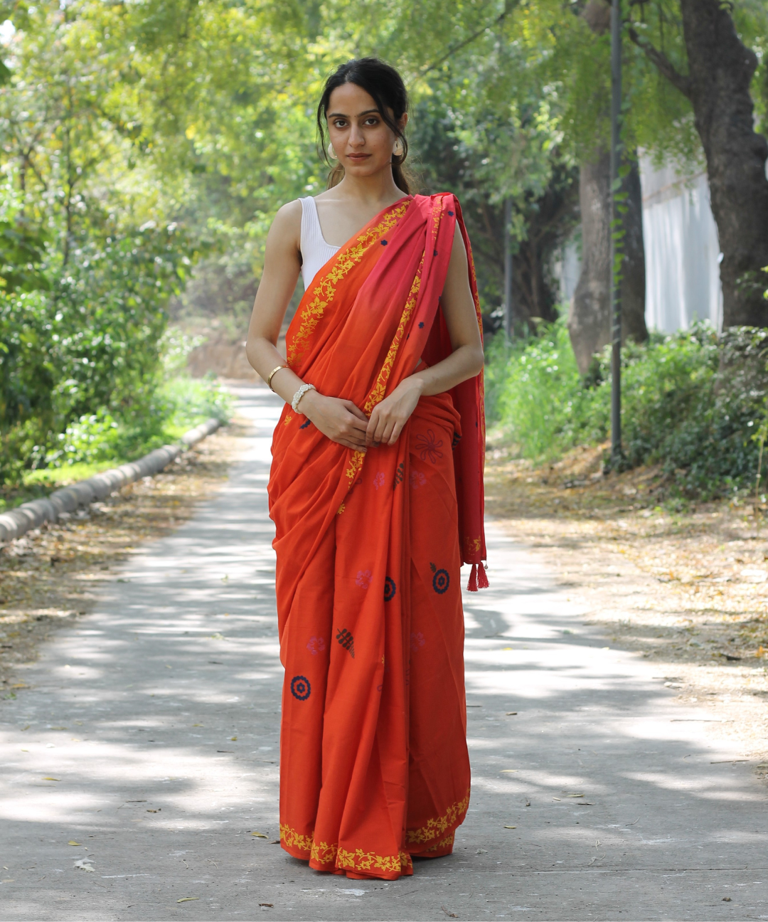 Orange pink summer whisper block printed mulmul saree