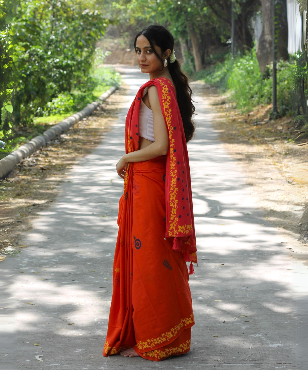 Orange pink summer whisper block printed mulmul saree