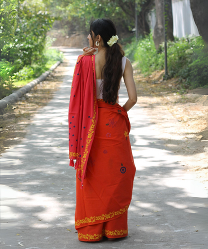 Orange pink summer whisper block printed mulmul saree