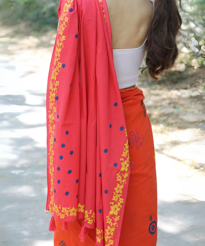 Orange pink summer whisper block printed mulmul saree